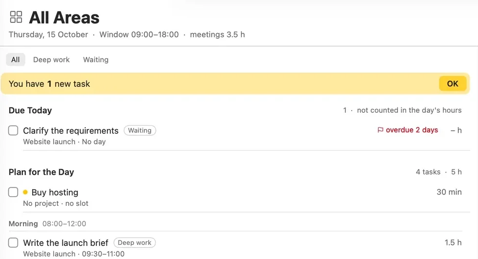 ALT after Claude Code added a task: a You have 1 new task banner with OK, and Buy hosting marked with a dot in the plan for the day.